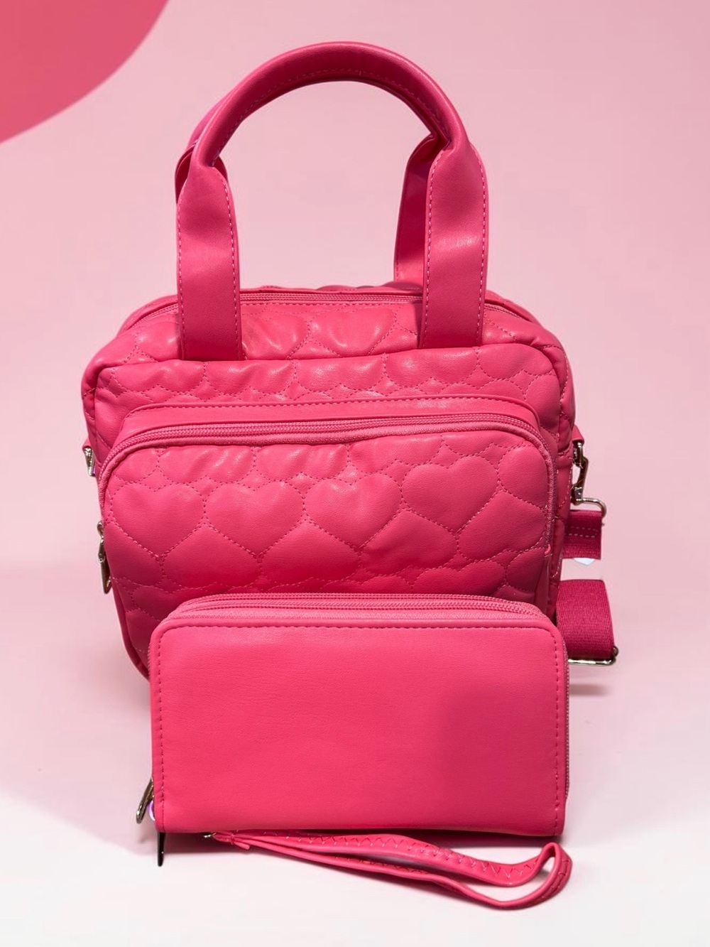 Wendy Keen Quilted Heart Mini Tote and Wallet Set - Bright Pink